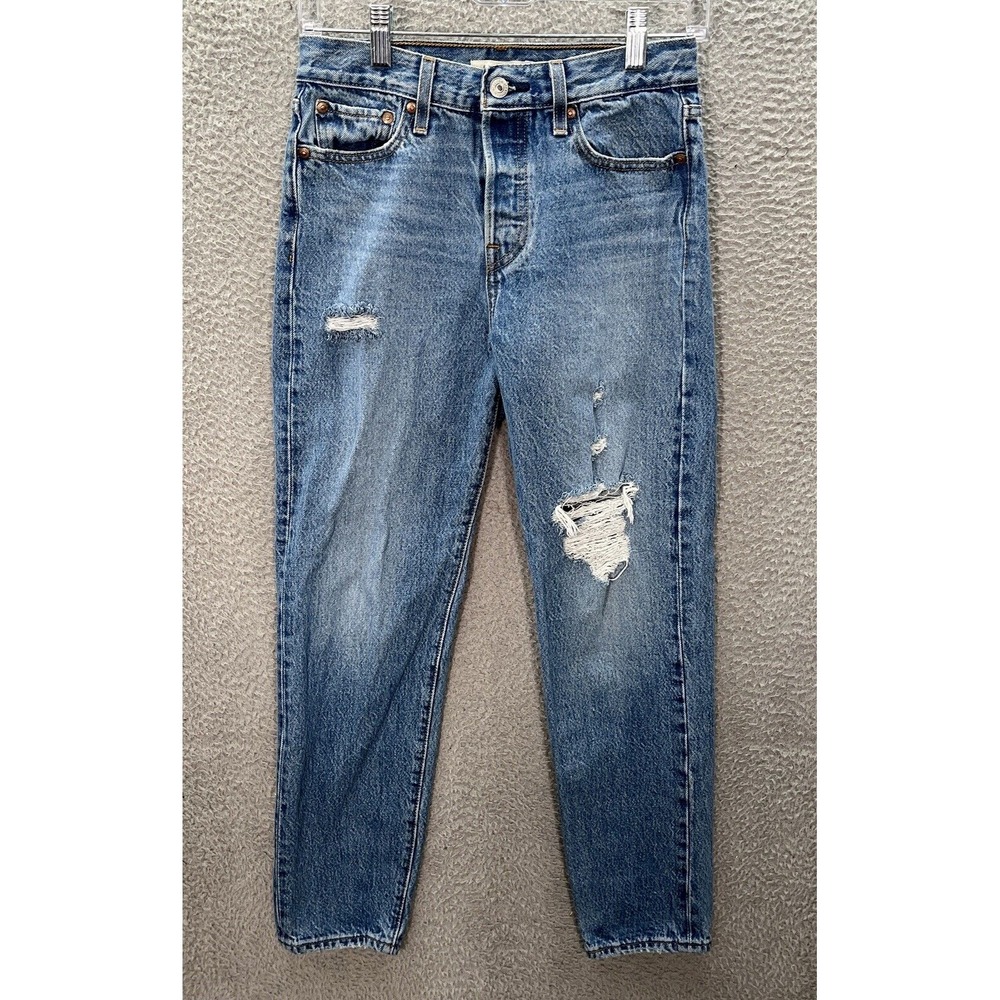 Levis Premium Jeans Womens 26 Blue Wedgie Button Fly Distressed Workwear‎ Grunge